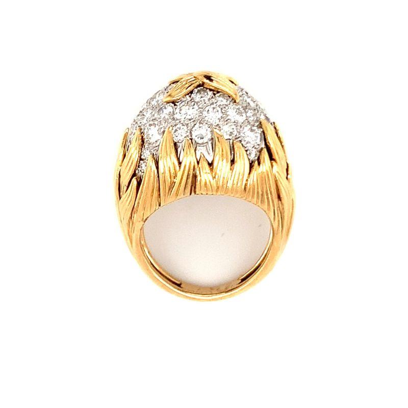 One diamond pave dome 18K yellow gold ring featuring a flame motif design with 48 round brilliant cut diamonds weighing approximately 3 ct. in total. French hallmarks.

Riveting, domed, fierce.

Additional information:
Metal: 18K yellow
