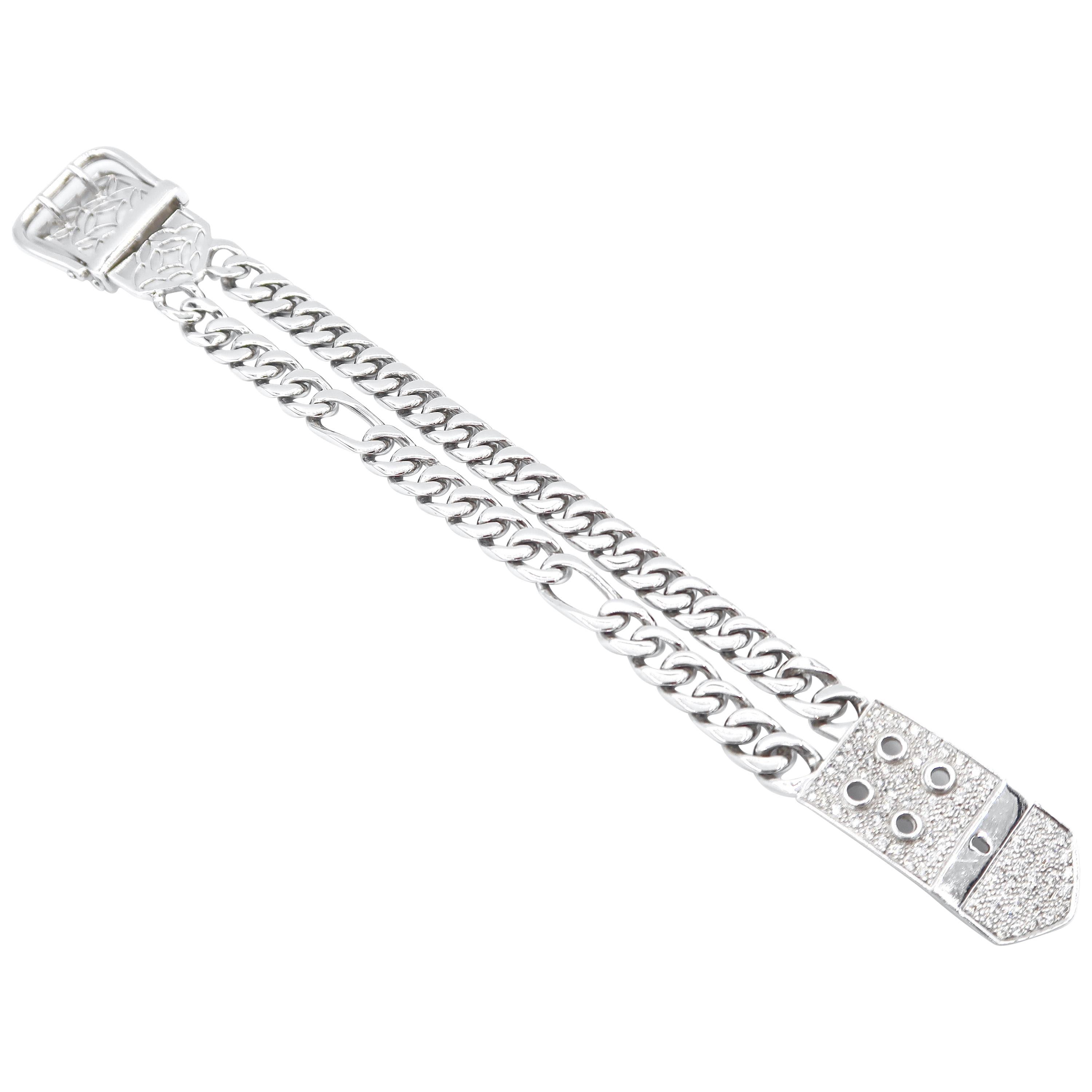 Diamond Pavé Double Chain Belt Buckle Bracelet in 18 Karat White Gold For Sale
