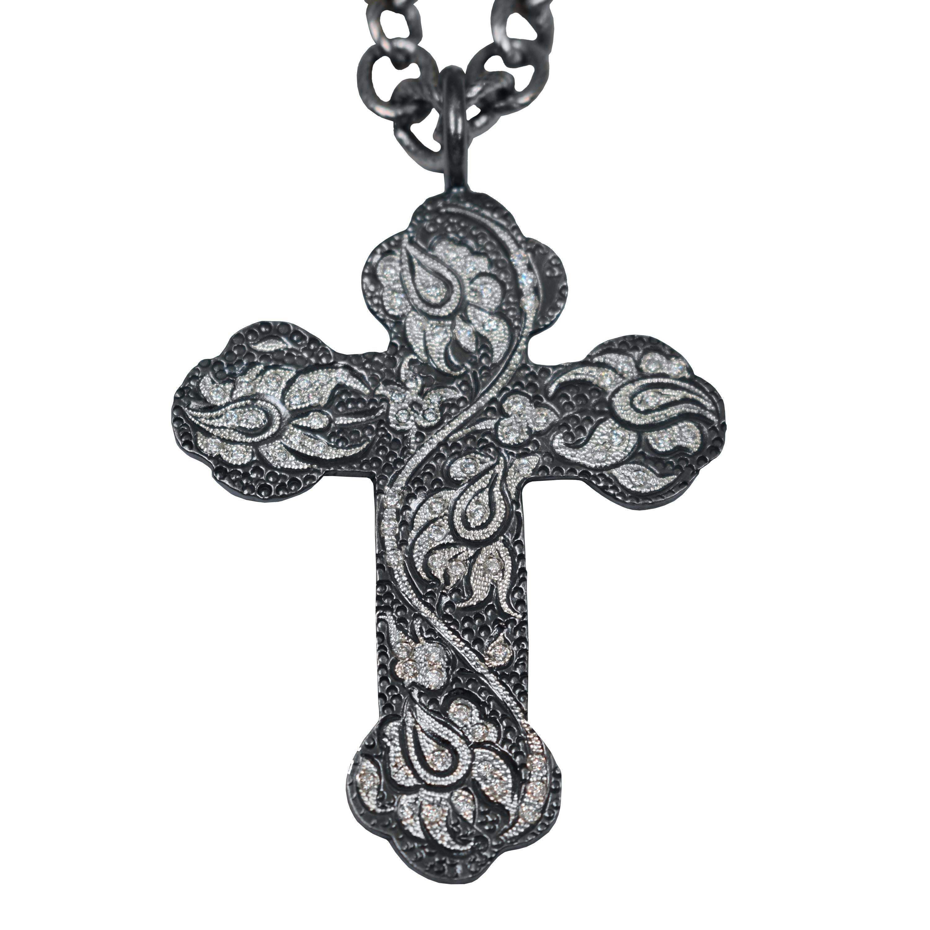 Diamond pavé (0.75 carats, G-H, SI1) engraved oxidized sterling silver cross pendant on 21.5 inch oxidized sterling silver chain. Pendant is 2.31 inches in length.