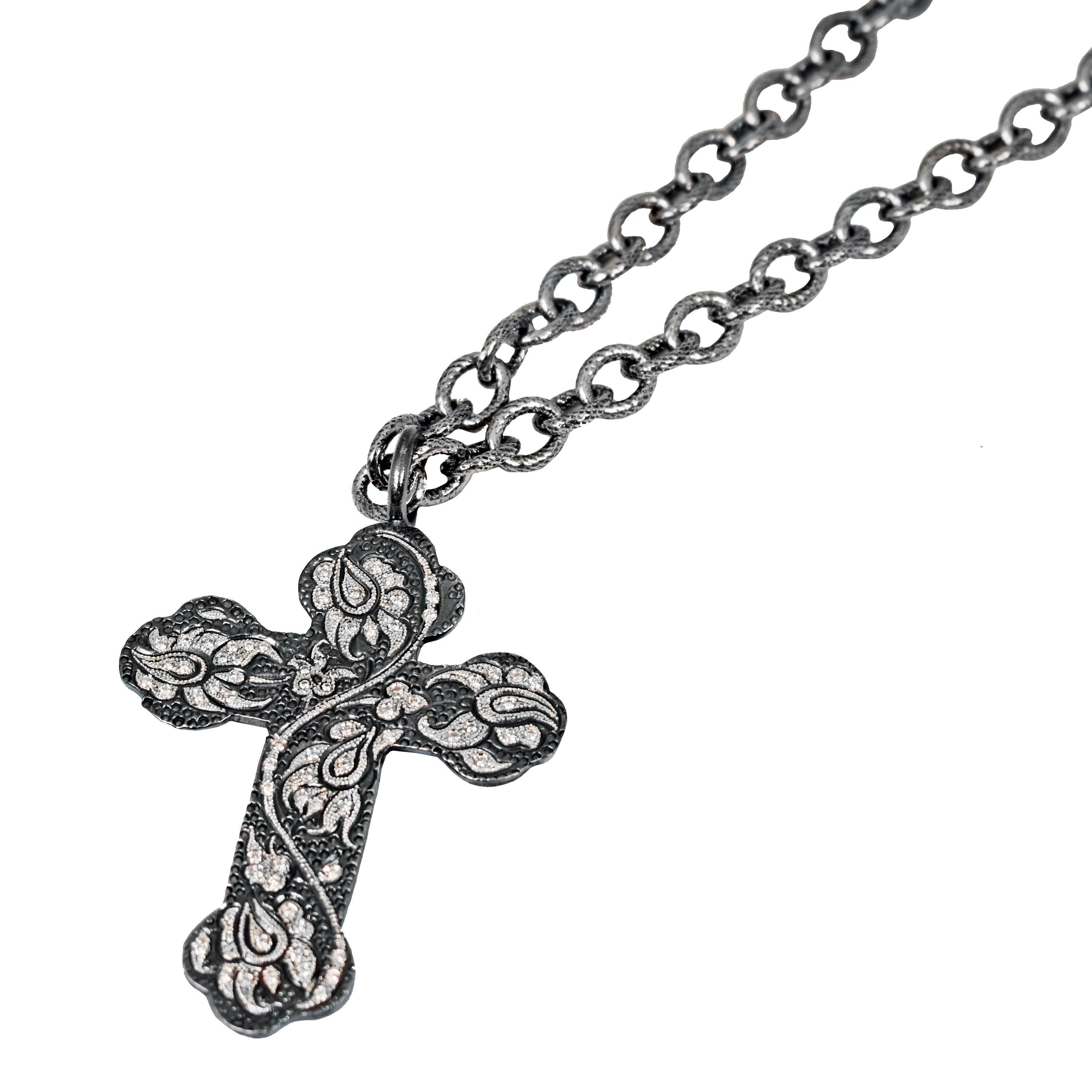 Contemporary Diamond Pavé Engraved Oxidized Sterling Silver Cross Pendant Necklace