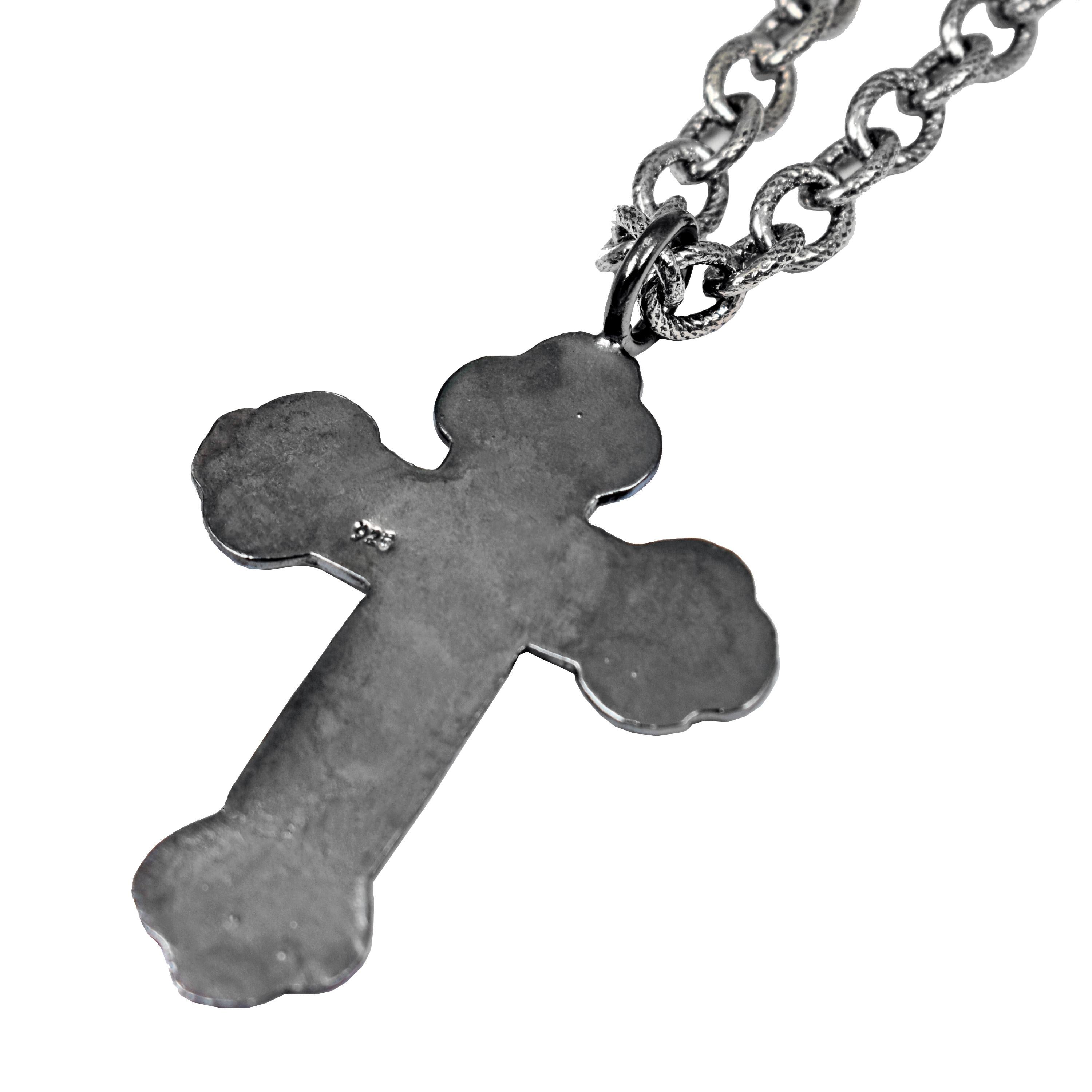 Round Cut Diamond Pavé Engraved Oxidized Sterling Silver Cross Pendant Necklace