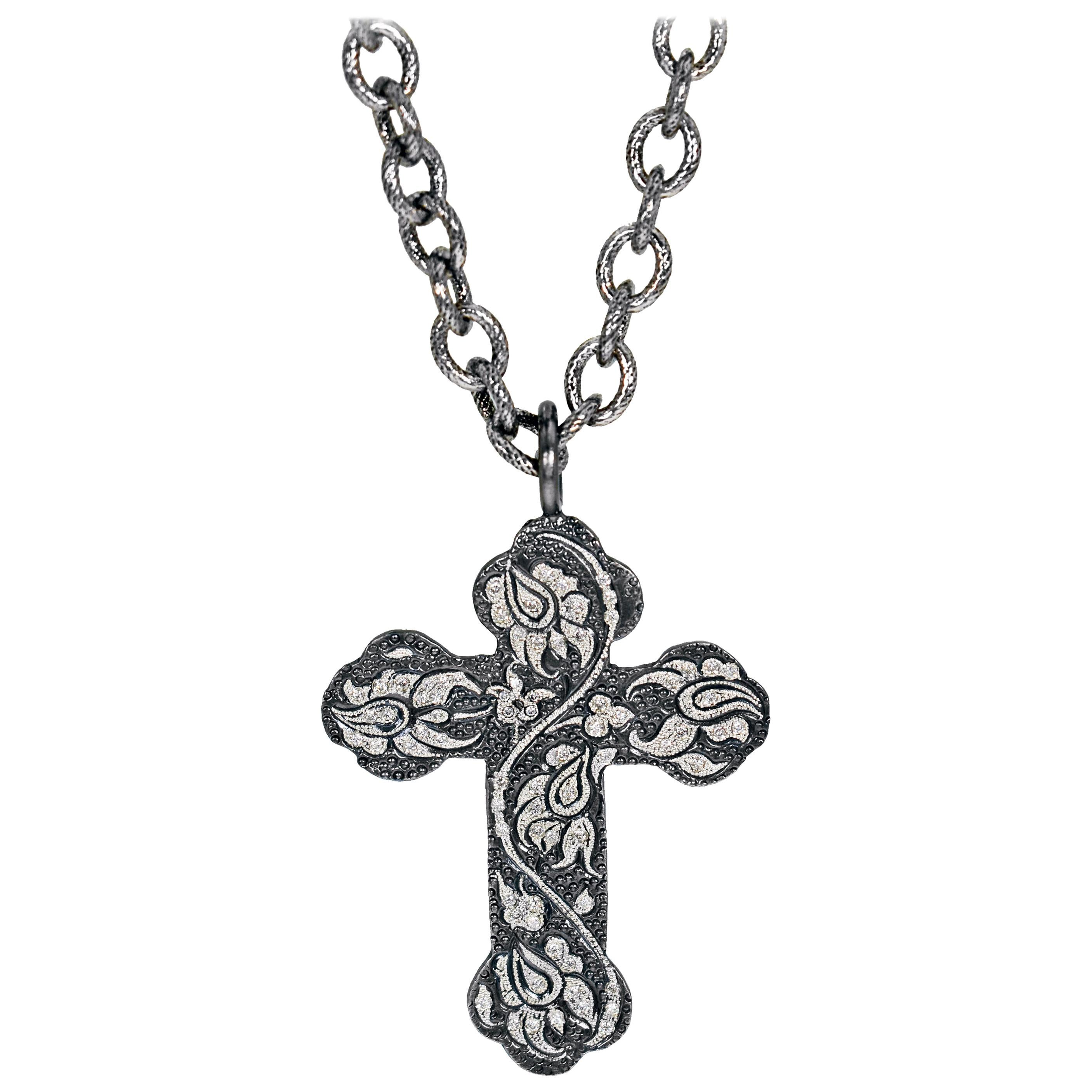 Diamond Pavé Engraved Oxidized Sterling Silver Cross Pendant Necklace