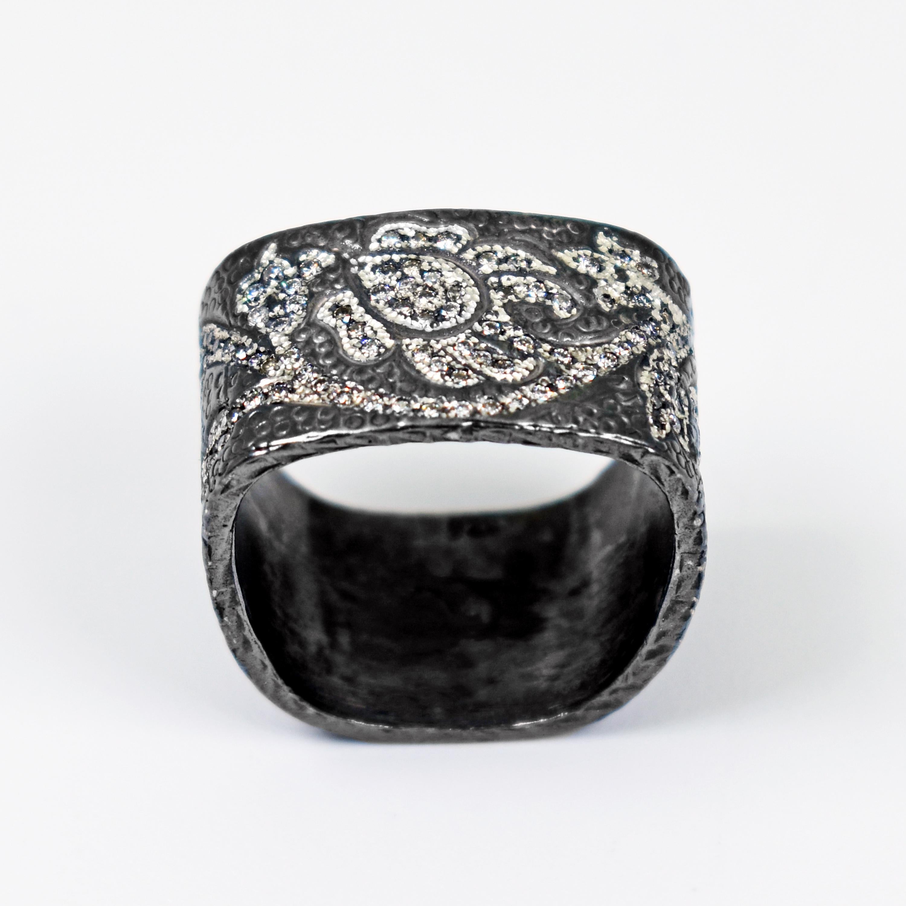 Diamond pavé (0.75 carats, G-H, SI1) engraved / tooled oxidized sterling silver square-shaped ring. Ring is size 7. Ring band measures 0.50 inch wide. 