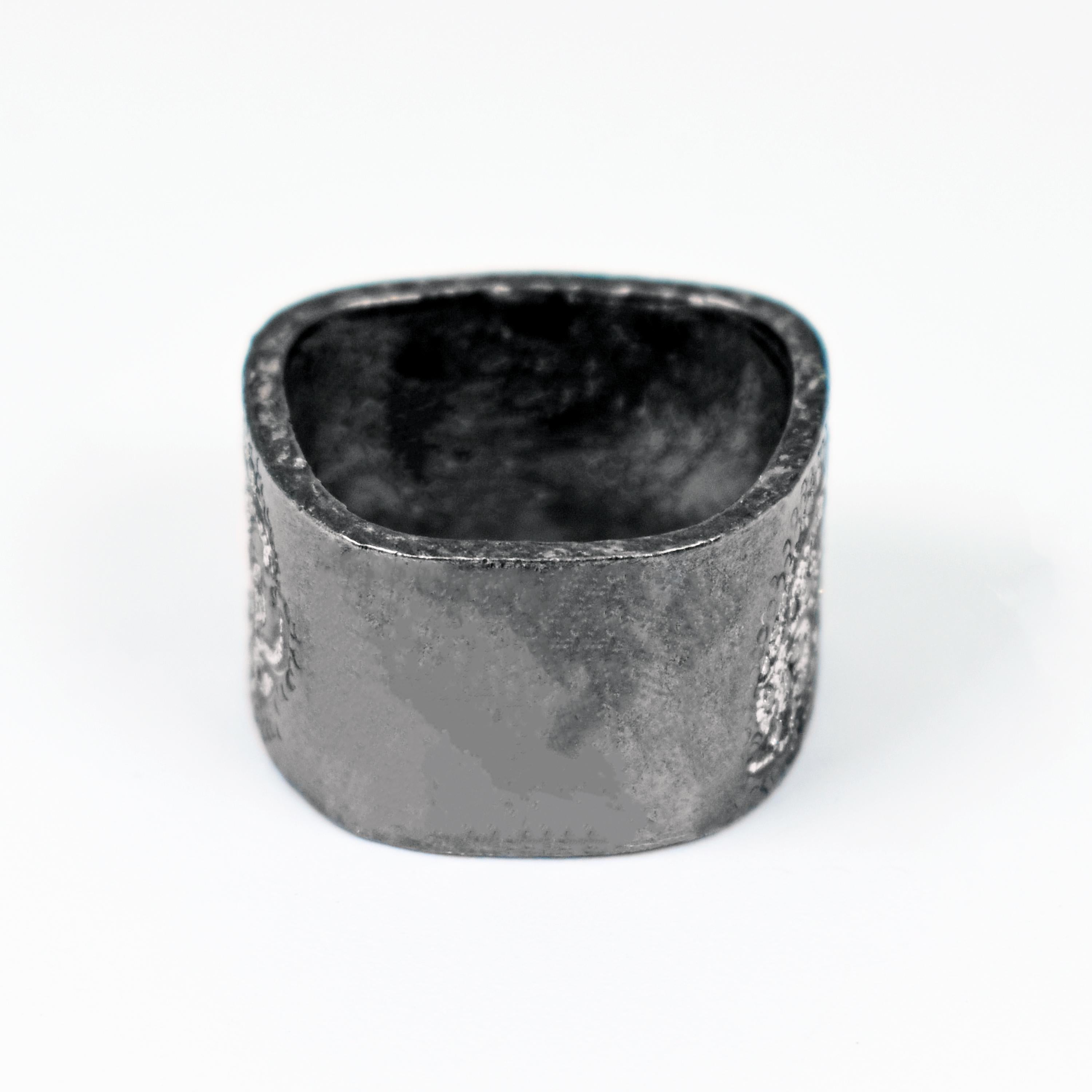 Contemporary Diamond Pavé Engraved Oxidized Sterling Silver Square Ring