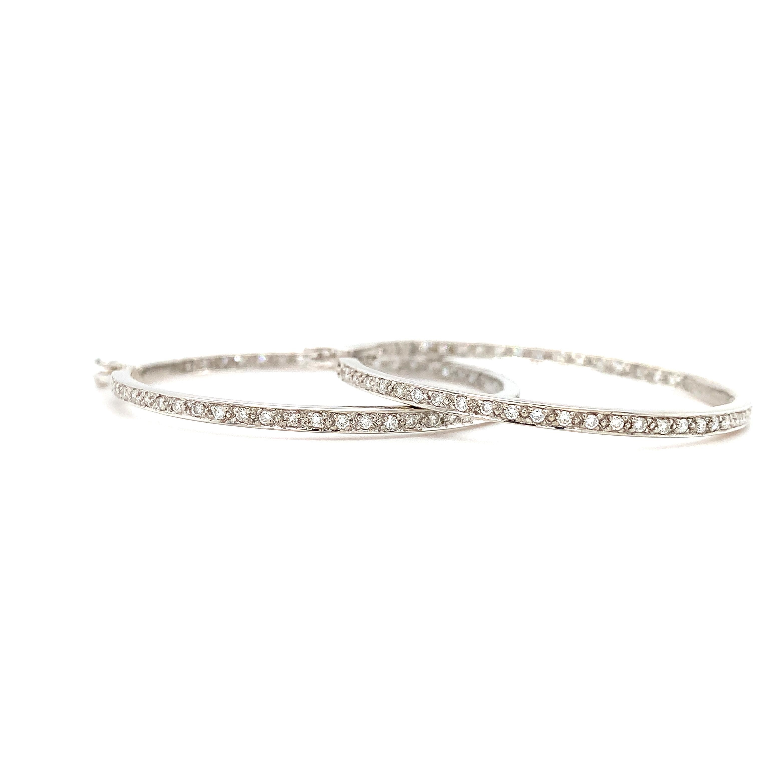 Round Cut Diamond pave eternity large hoop earrings 18k white gold For Sale
