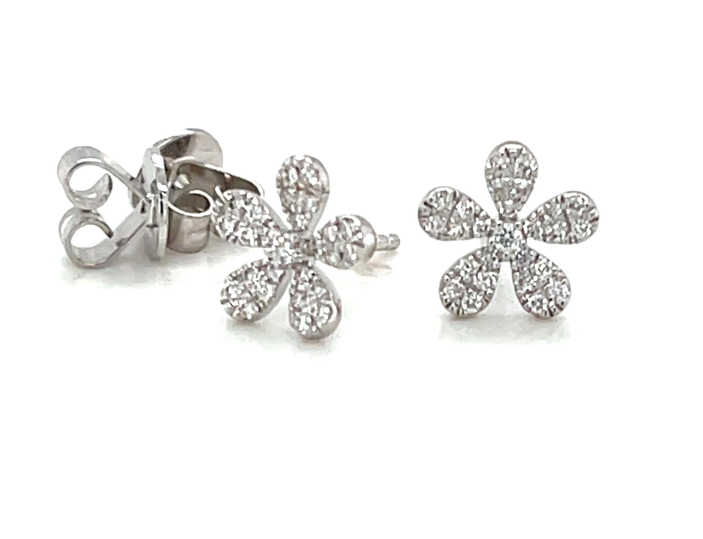 Diamond Pave Floral Stud Earrings in 18k White Gold, .20 Carats Total For Sale 4