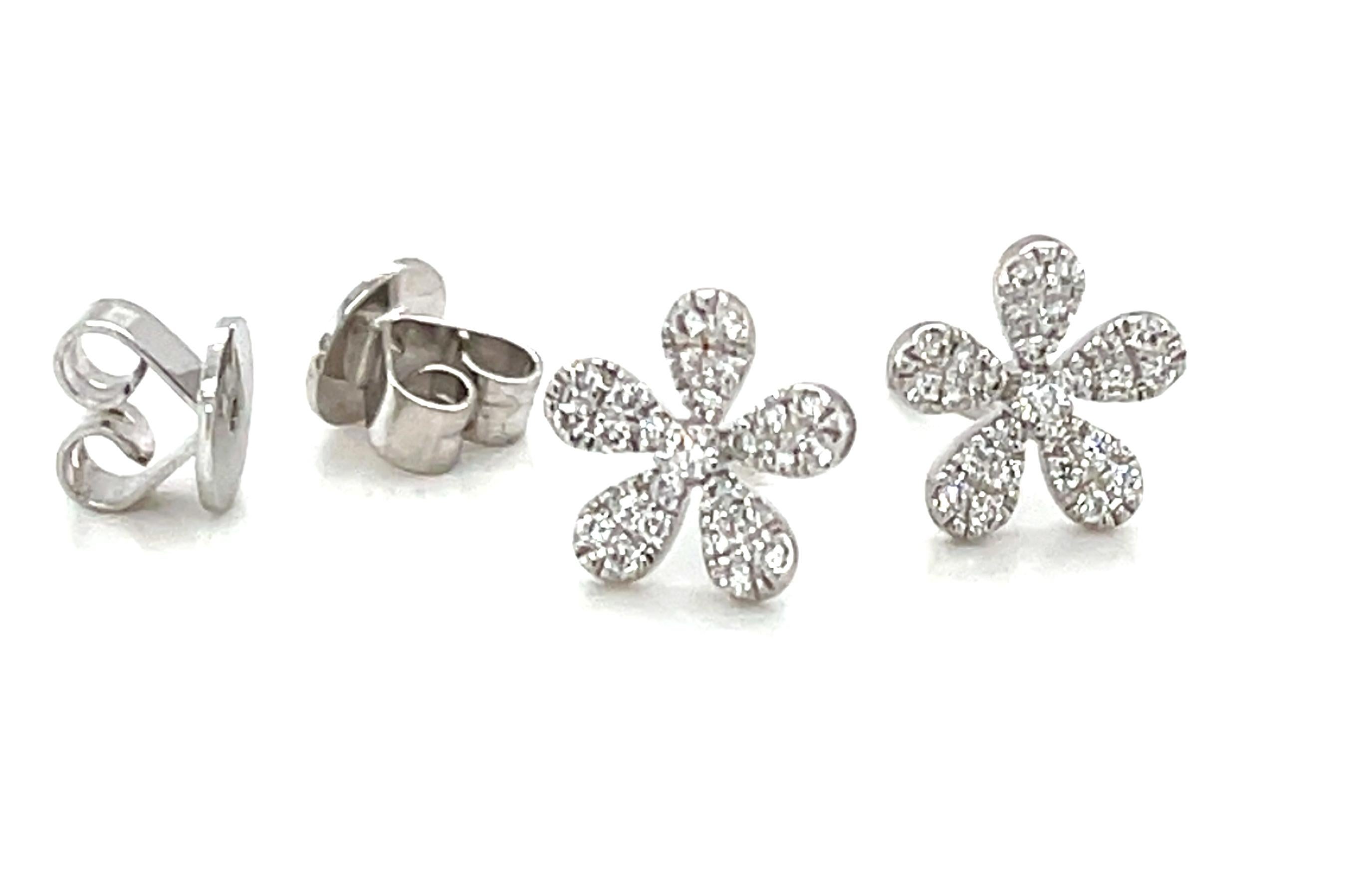 Diamond Pave Floral Stud Earrings in 18k White Gold, .20 Carats Total For Sale 5