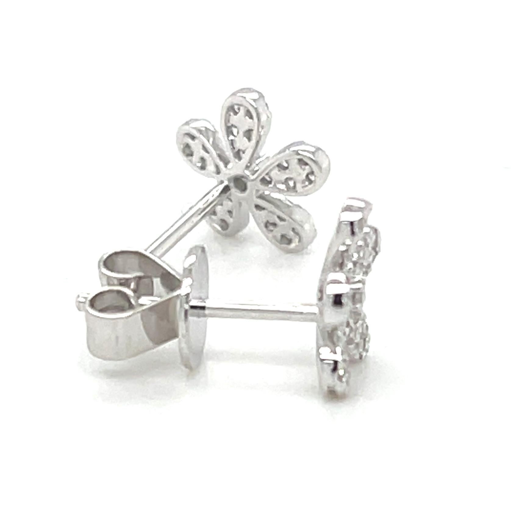 Artisan Diamond Pave Floral Stud Earrings in 18k White Gold, .20 Carats Total For Sale