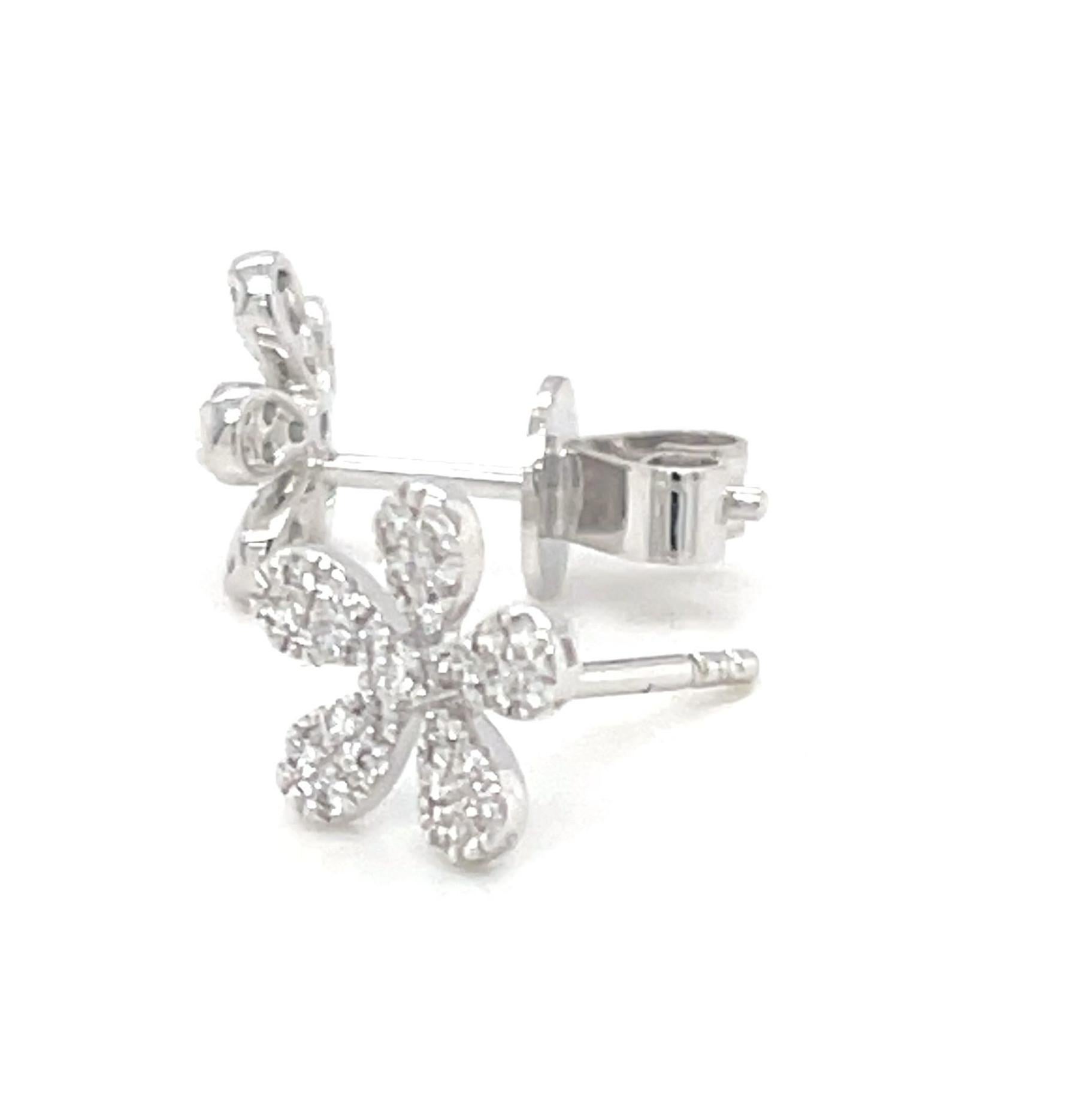 Round Cut Diamond Pave Floral Stud Earrings in 18k White Gold, .20 Carats Total For Sale