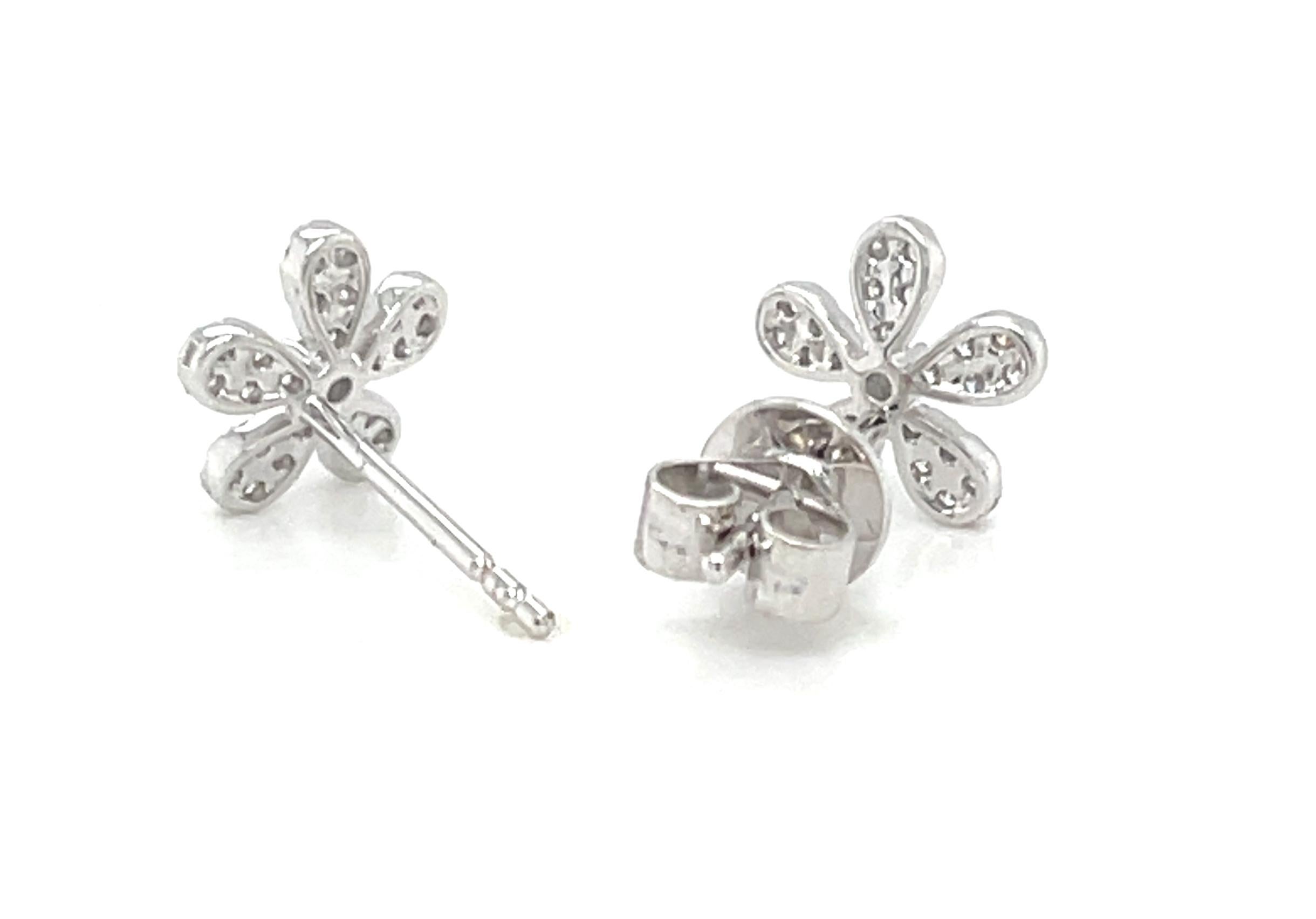 Diamond Pave Floral Stud Earrings in 18k White Gold, .20 Carats Total For Sale 2