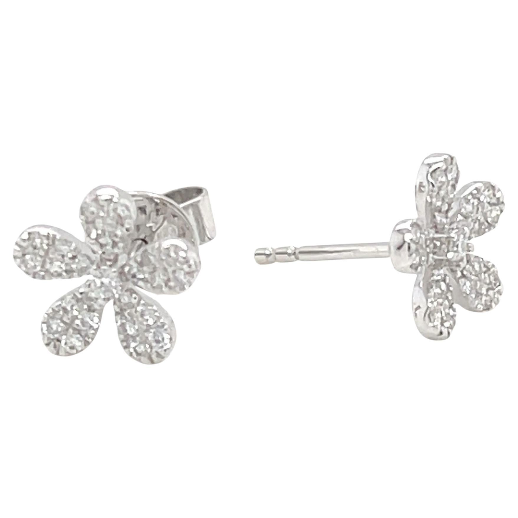 Diamond Pave Floral Stud Earrings in 18k White Gold, .20 Carats Total