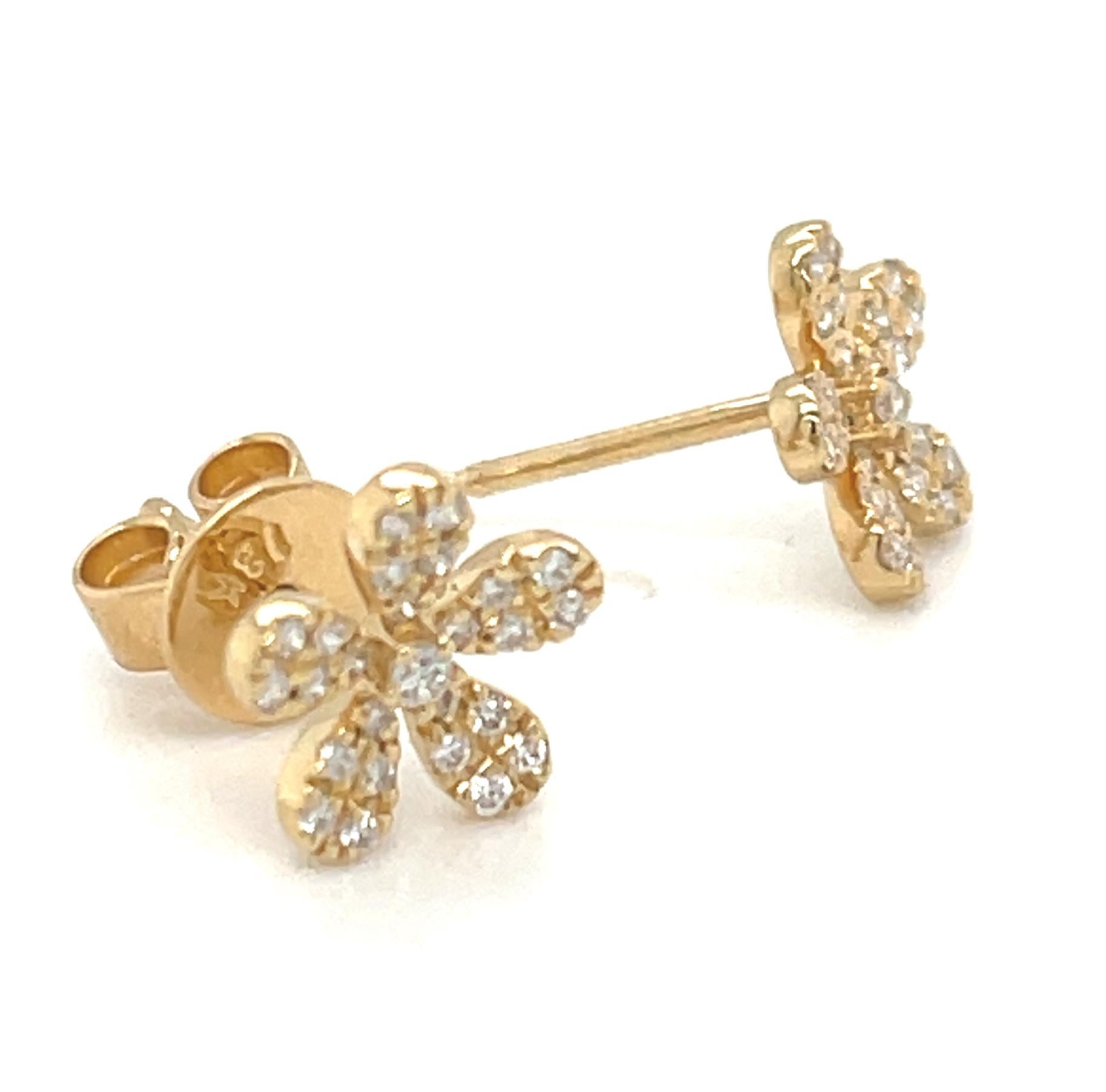 Artisan Diamond Pave Floral Stud Earrings in 18k Yellow Gold, .20 Carats Total