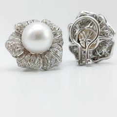 Diamond Pavé Flower Earrings with Australian Pearls in 18 Karat White Gold, 2006