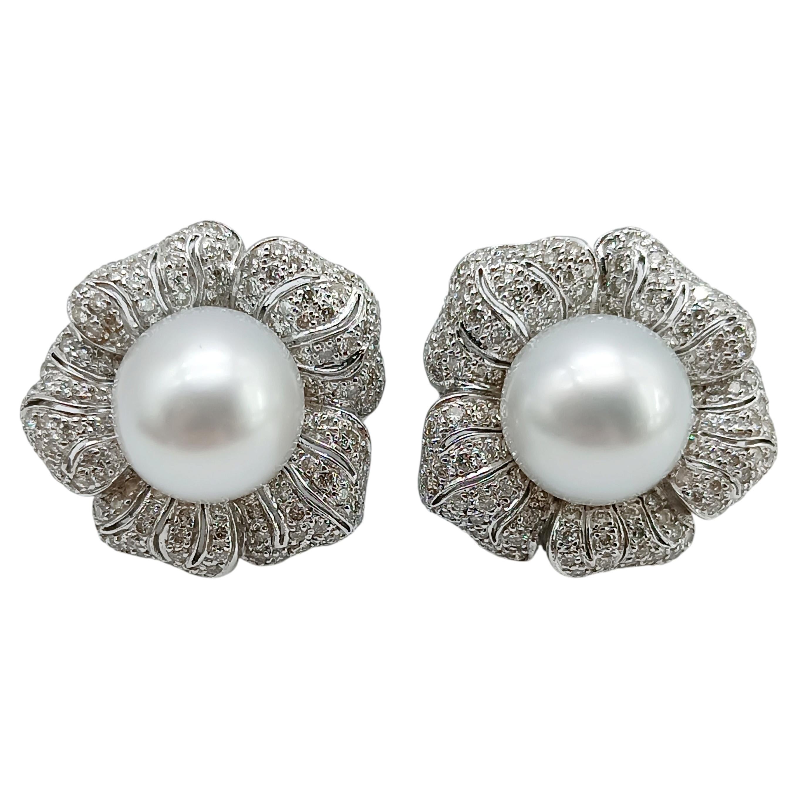 Diamond Pavé Flower Earrings with Australian Pearls in 18 Karat White Gold, 2006