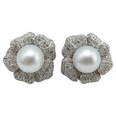 Diamond Pavé Flower Earrings with Australian Pearls in 18 Karat White Gold, 2006