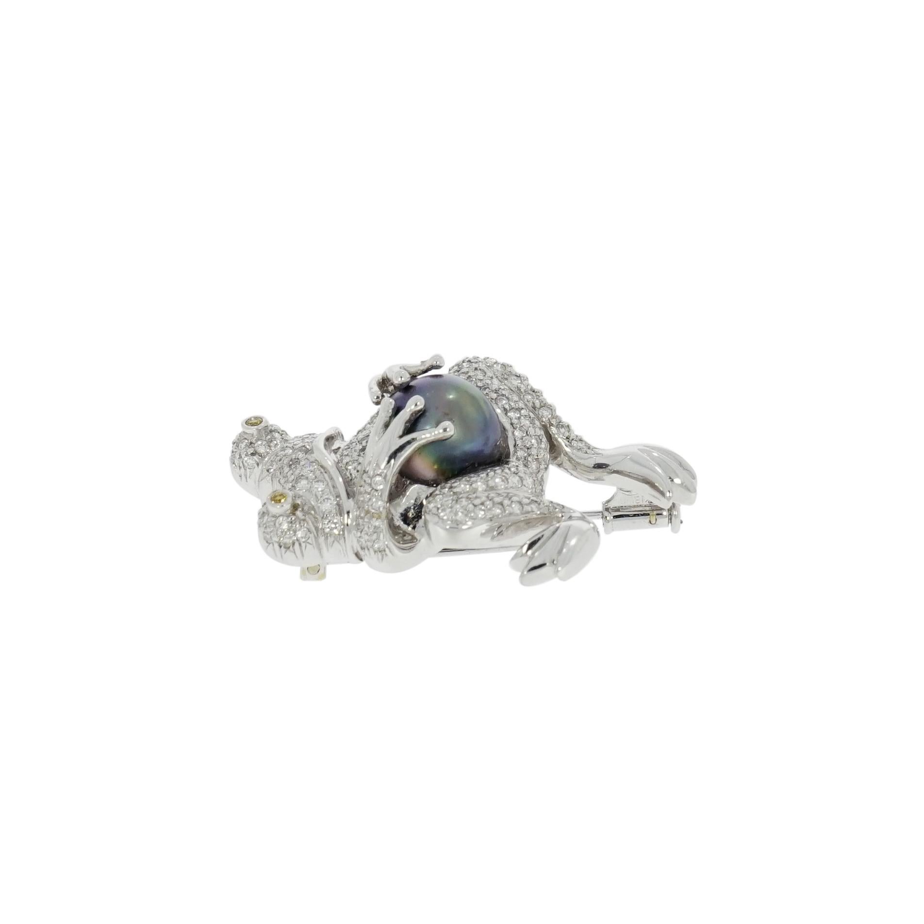 Modern Diamond Pave Frog with a Tahitian Pearl White Gold Brooch