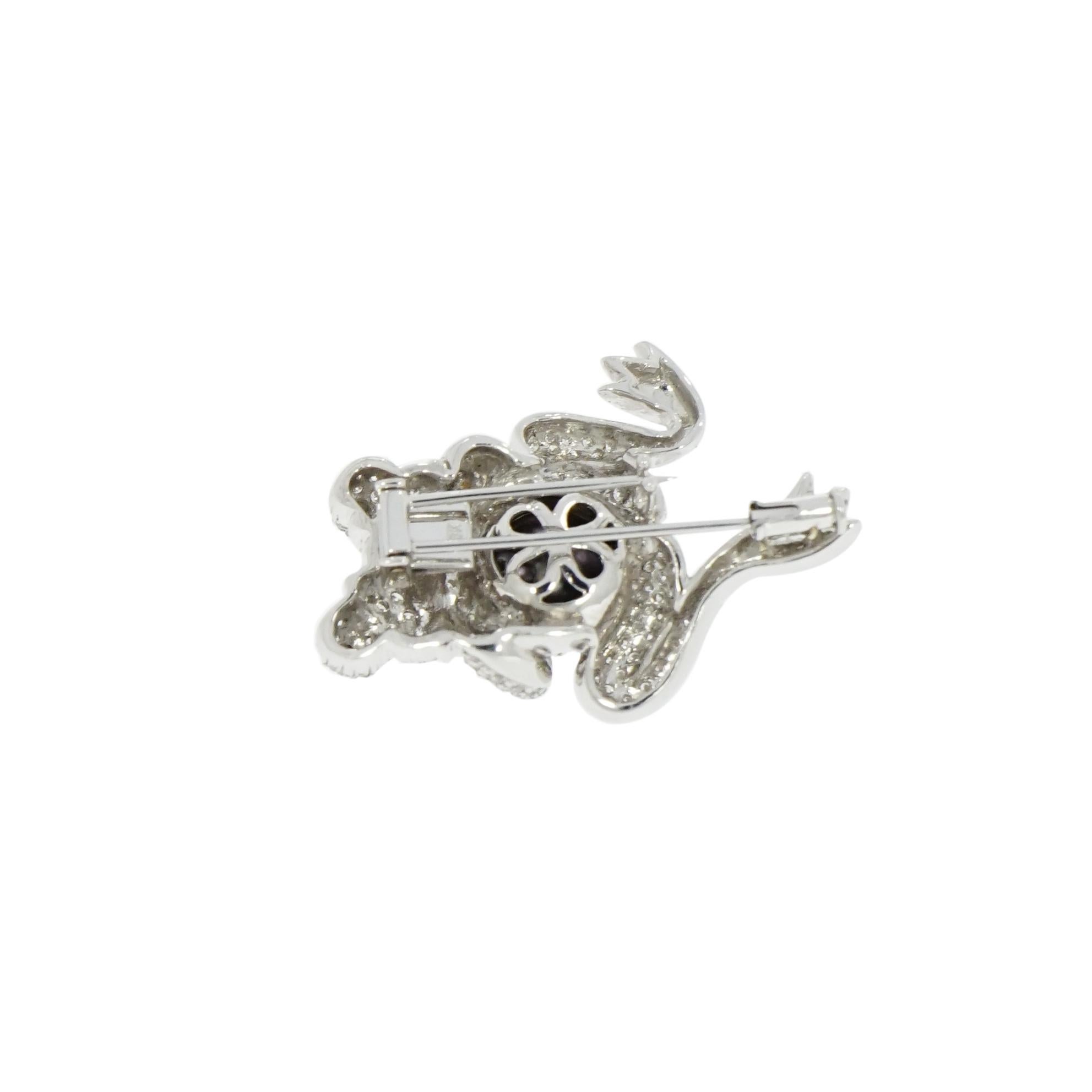 Round Cut Diamond Pave Frog with a Tahitian Pearl White Gold Brooch