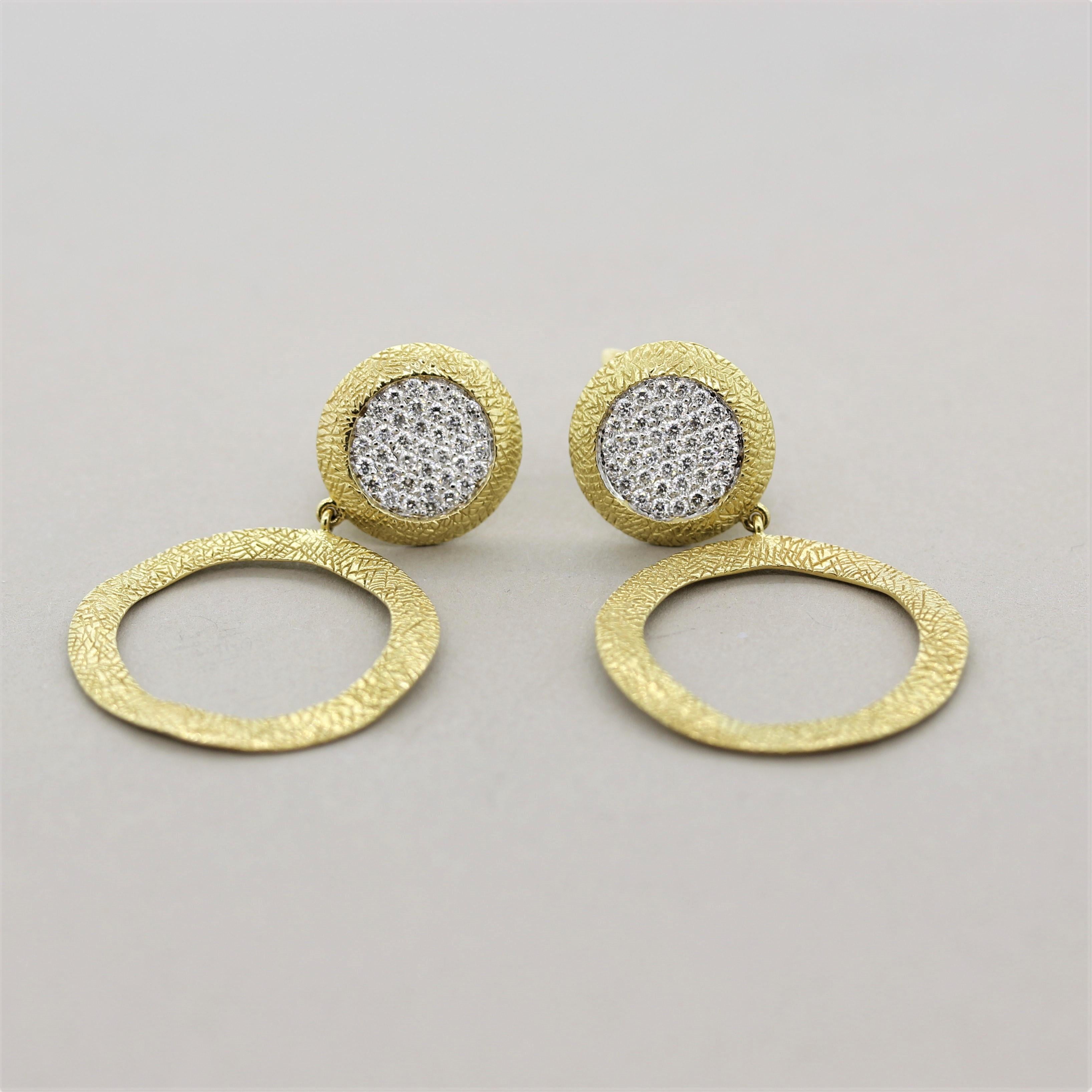 Round Cut Diamond Pave Gold Hoop-Drop Earrings For Sale