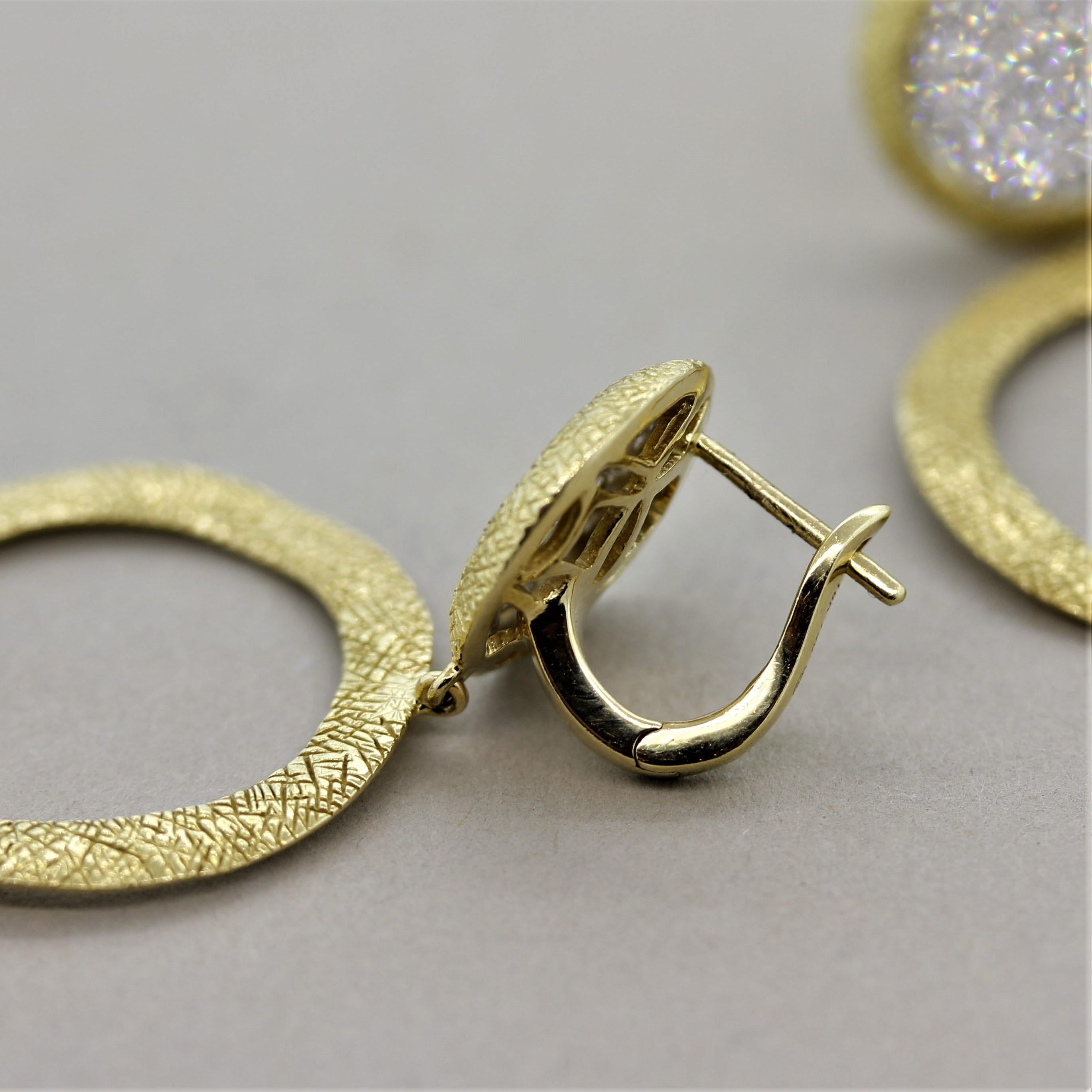 Diamond Pave Gold Hoop-Drop Earrings In New Condition For Sale In Beverly Hills, CA
