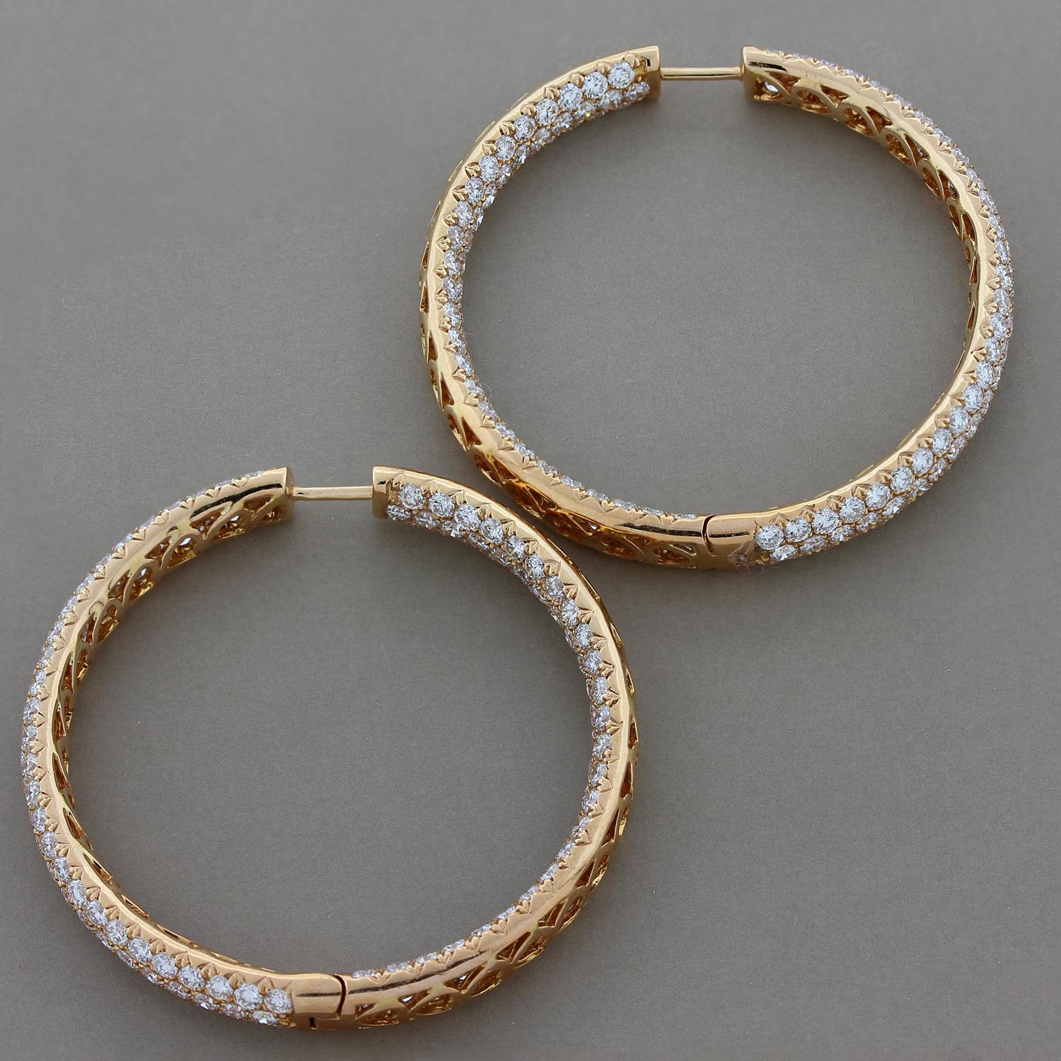 Magnificent Pave Diamond Gold Hoop Inside-Out Earrings In New Condition For Sale In Beverly Hills, CA