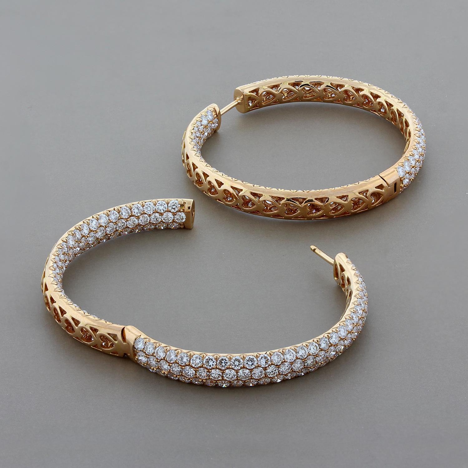 Women's Magnificent Pave Diamond Gold Hoop Inside-Out Earrings For Sale