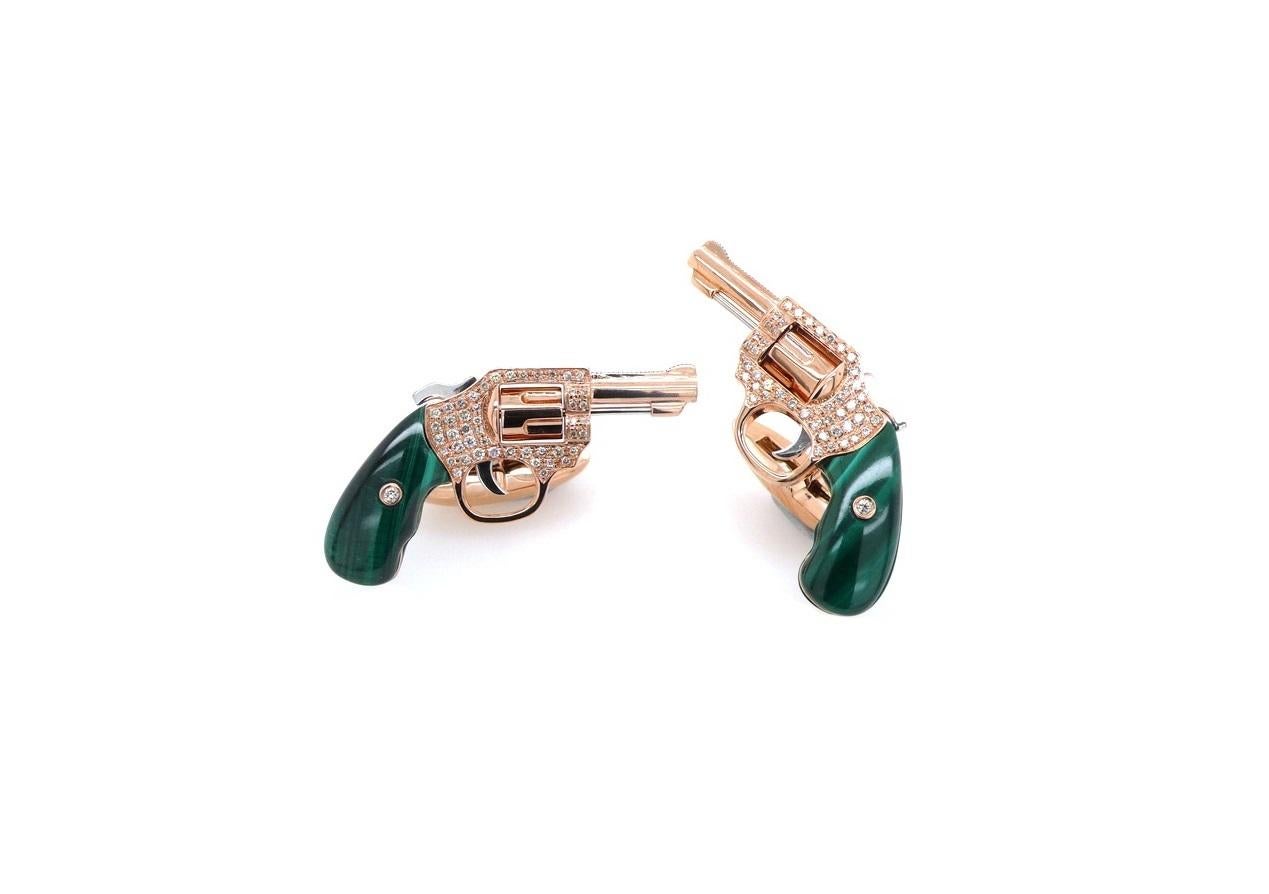 Diamond Pave Green Malachite Luxury Gun Revolver 18 Karat Gold Mens Cufflinks

Natural Gemstone & Diamonds 1.20 CTW. Available in 18 karat yellow, rose and white gold alloys. 
Made to Order Luxury Cufflinks - Customizable
This is a combination of