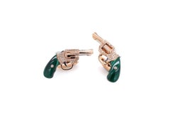 Gemelos para caballero de oro de 18 quilates con revólver de lujo de malaquita verde con pavé de diamantes