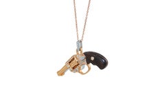 Diamond Pave Gun Revolver Gemstone Rosewood 18K Rose Gold Necklace Pendant Charm