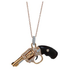 Diamond Pave Gun Revolver Gemstone Rosewood 18K Rose Gold Necklace Pendant Charm