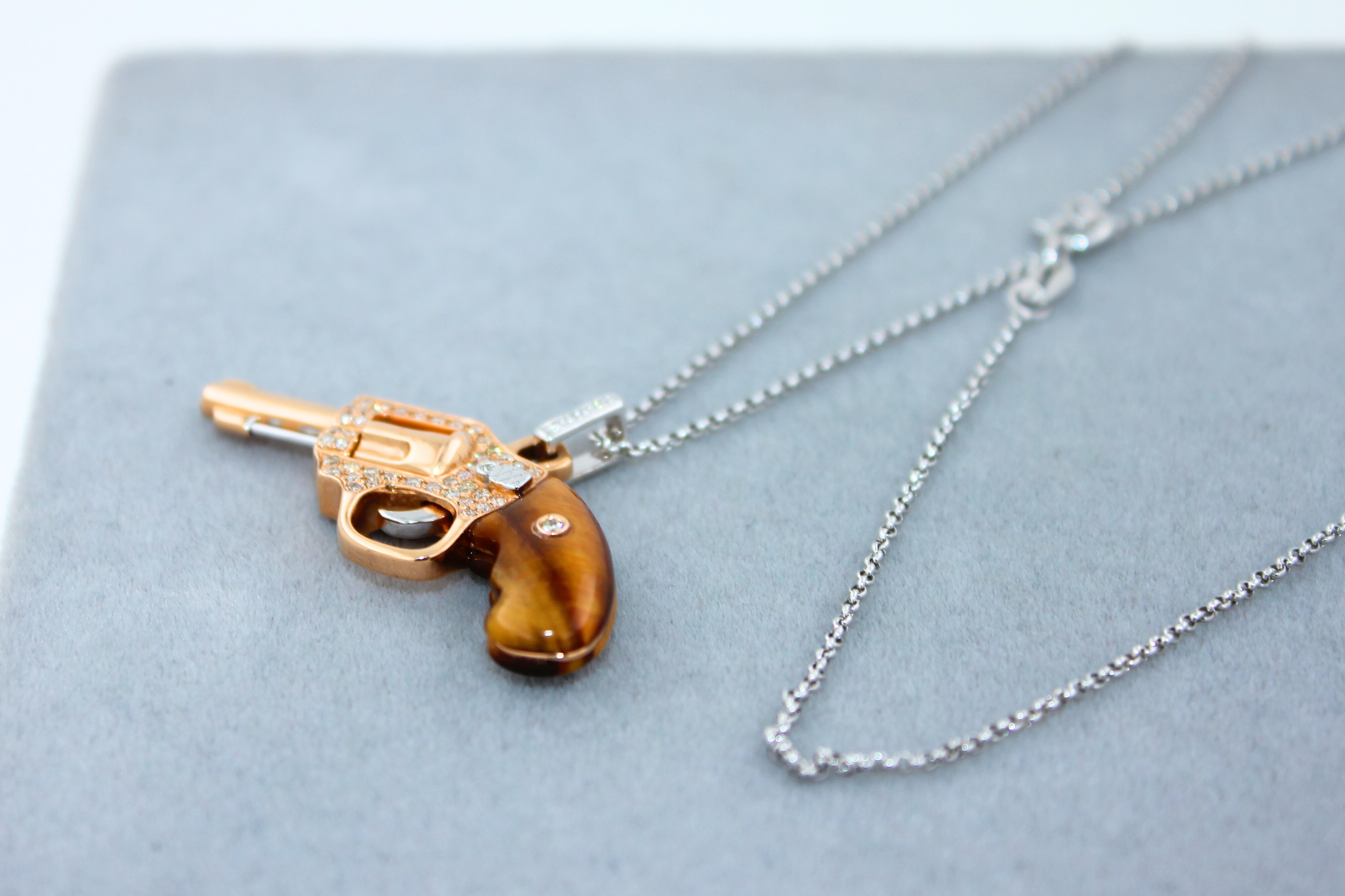 Women's or Men's Diamond Pave Gun Revolver Tiger's Eye Gem 18K Rose Gold Necklace Pendant Charm For Sale