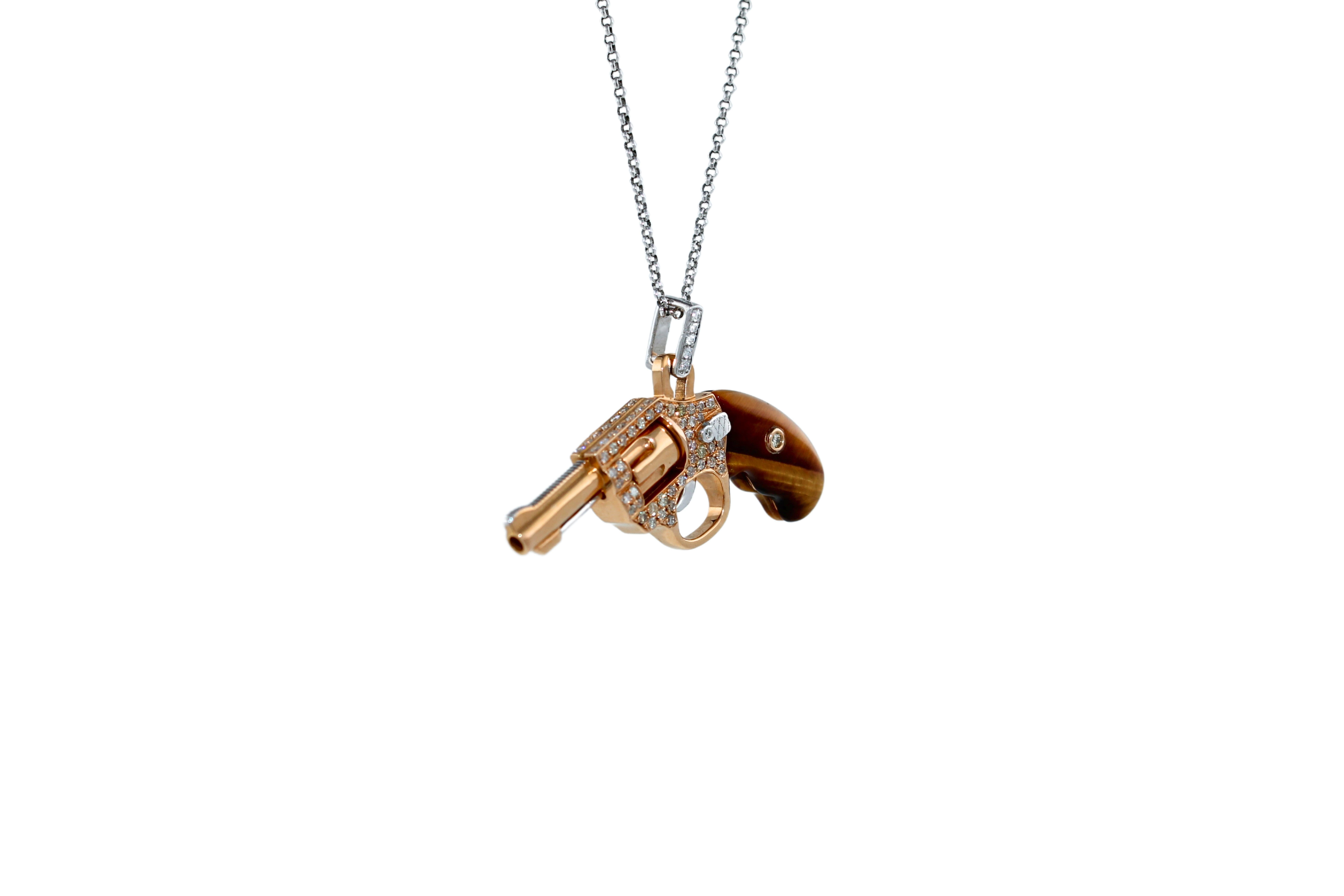 18 Karat Rose & White Gold
Genuine Tiger’s Eye Stone & Natural Diamonds 0.50 CTW
Approximate Mini Peacemaker Length: 1.3” inches / 3.3 centimeters
Approximate Chain Length: Adjustable 16,17,18 inches