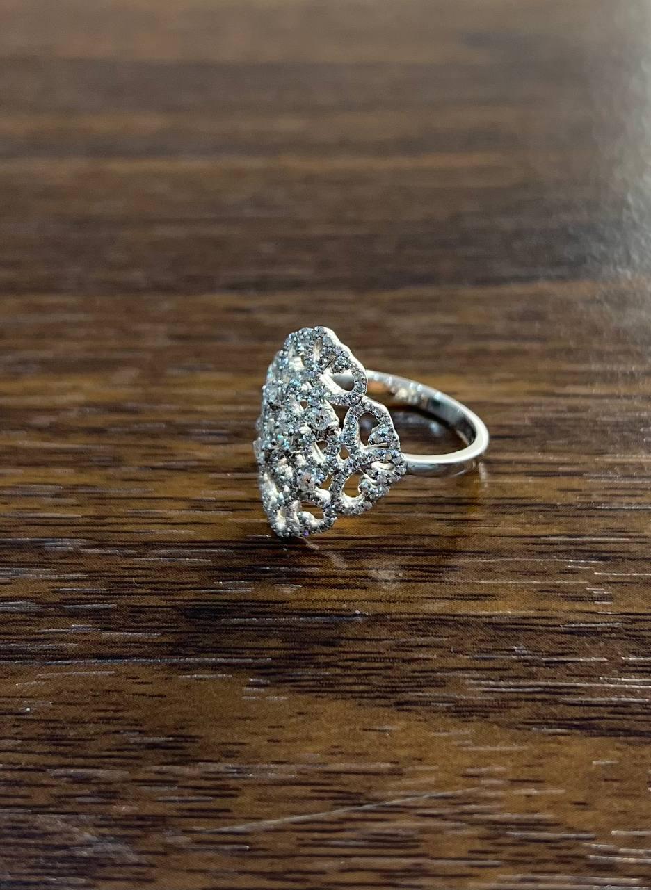 Mixed Cut Diamond Pave Halo Set Symbol Motif Art Deco 14K White Gold Statement Ring For Sale