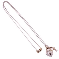 Diamond Pave Heart Lock and Key Gold Pendant Necklace Estate Fine Jewelry