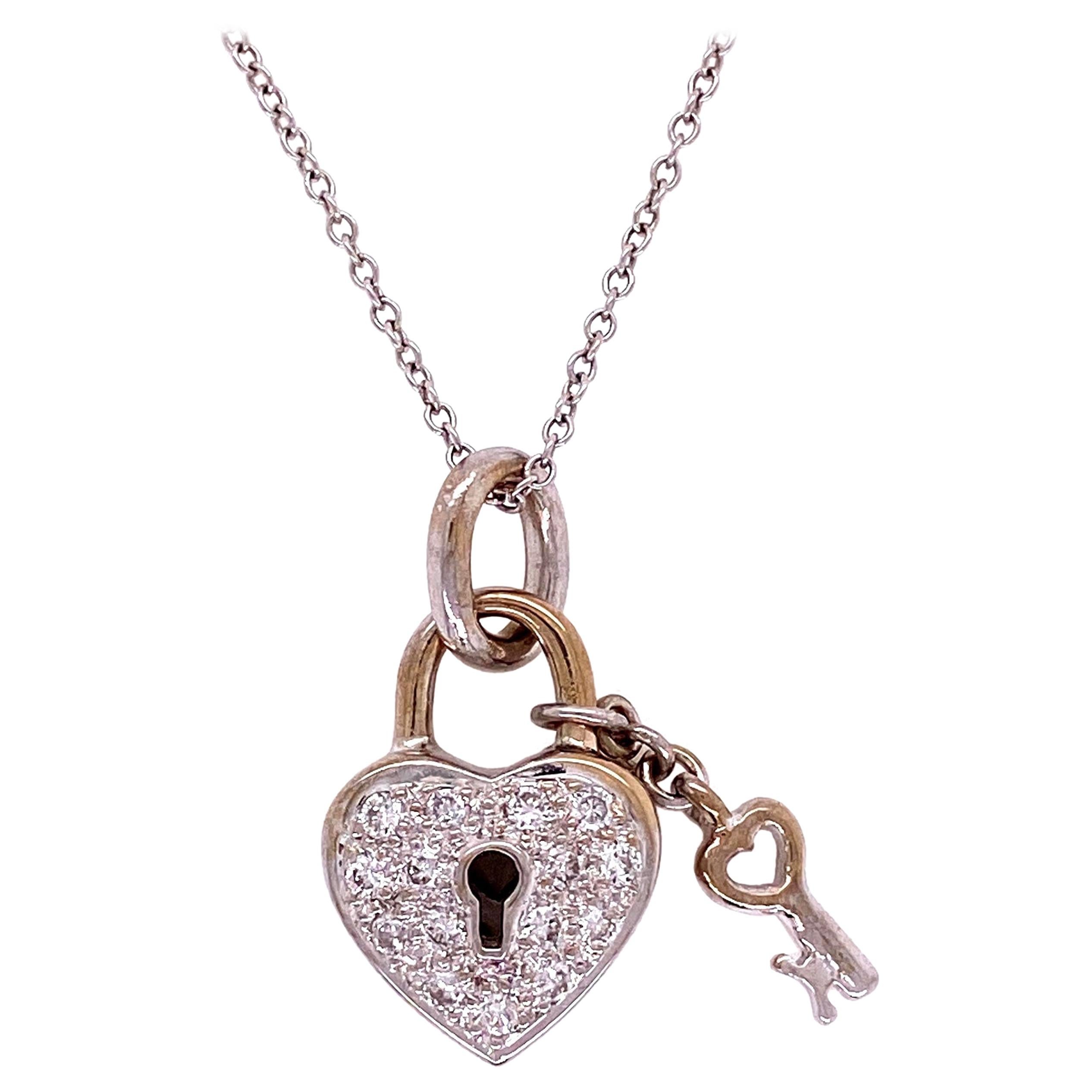 Diamond Pave Heart Lock and Key Gold Pendant Necklace Estate Fine Jewelry