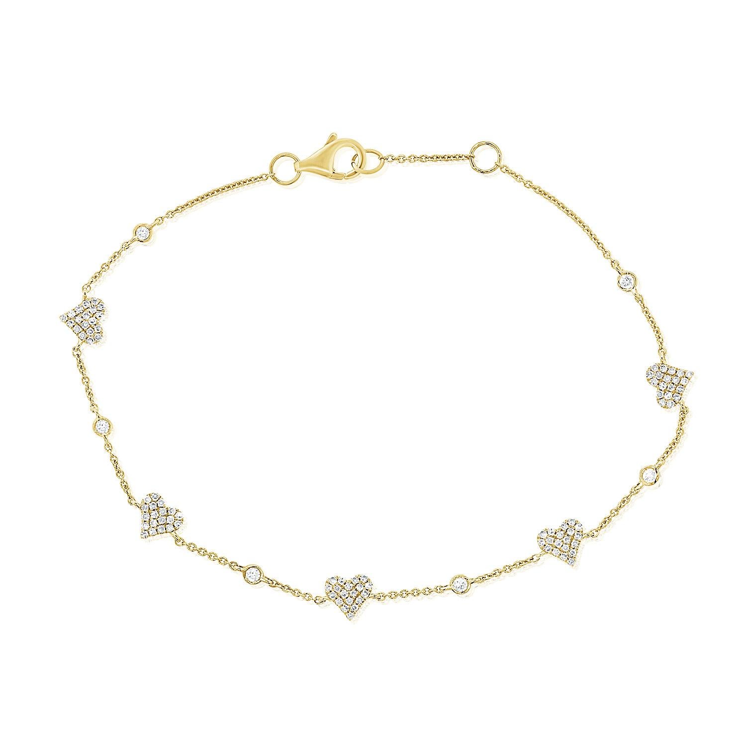Pulsera de diamantes Pave Heart Station para ella 1/3 TDW 14k, pulsera apilable para mujer Corte redondo en venta