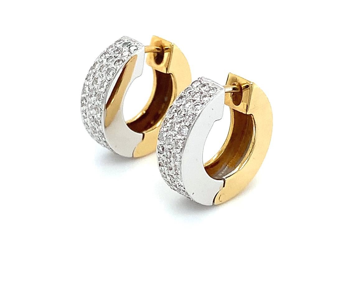 Art Deco Diamond pave hoops huggies clip earrings 18k yellow and white gold For Sale