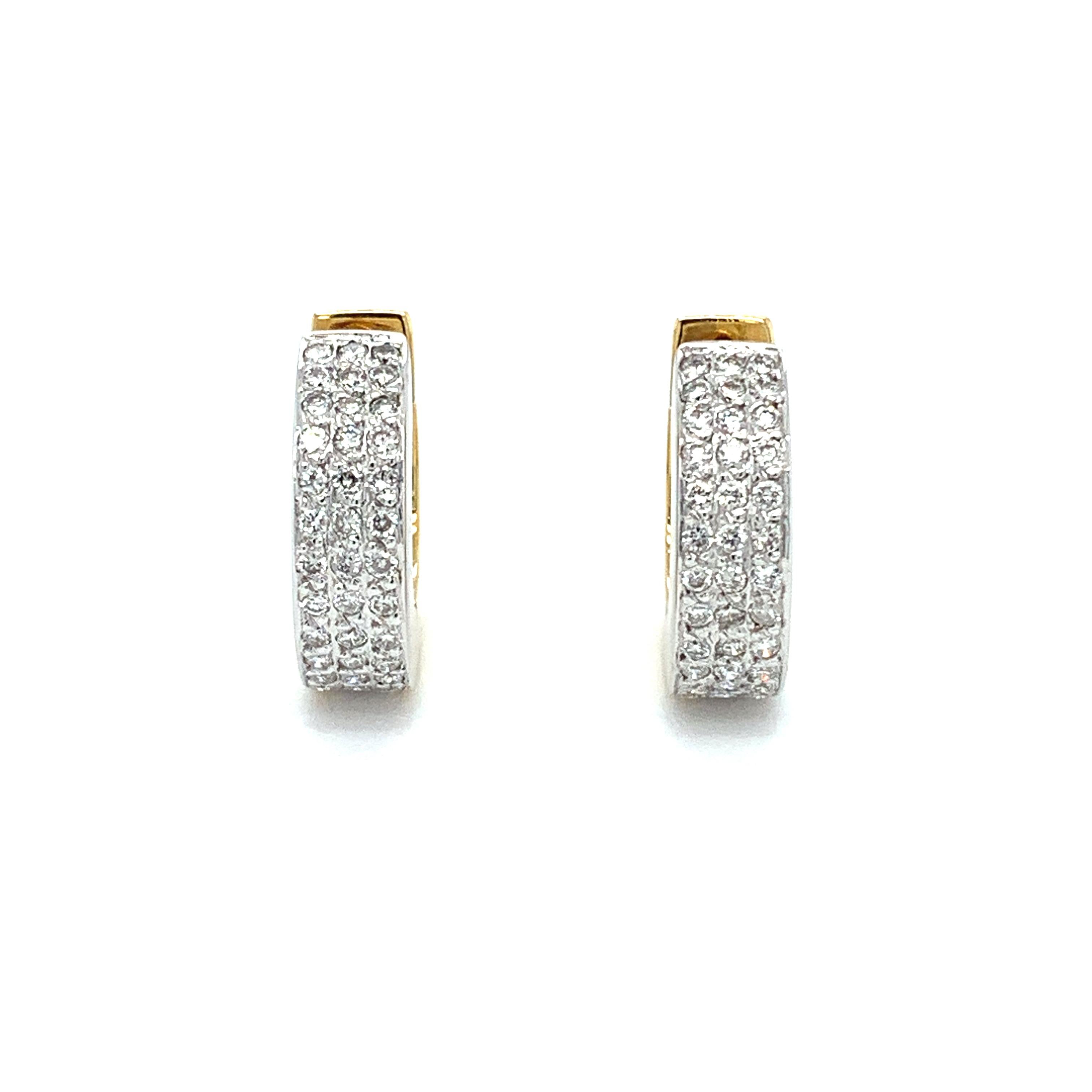 Round Cut Diamond pave hoops huggies clip earrings 18k yellow and white gold For Sale