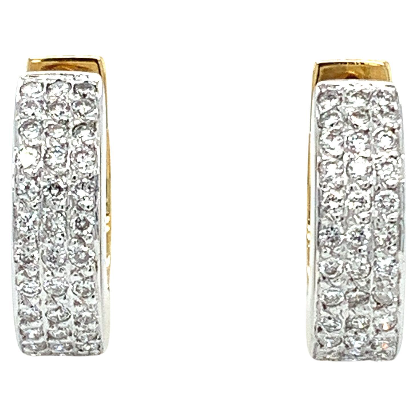 Boucles d'oreilles en diamant pave hoops huggies clip or jaune et blanc 18k en vente