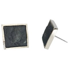 Diamond Pave
 in White Gold on Rough Hematite Square Stud Earrings