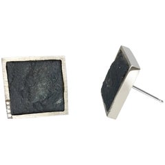 Diamond Pave' in White Gold on Rough Hematite Square Stud Earrings