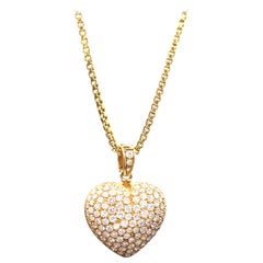 Diamond Pavé Inflated Heart Pendant with 18 Karat Gold Box Chain