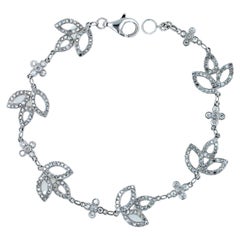 Diamond Pave Leaf Leaves Nature Link Fashion 18 Karat White Gold Chain Bracelet
