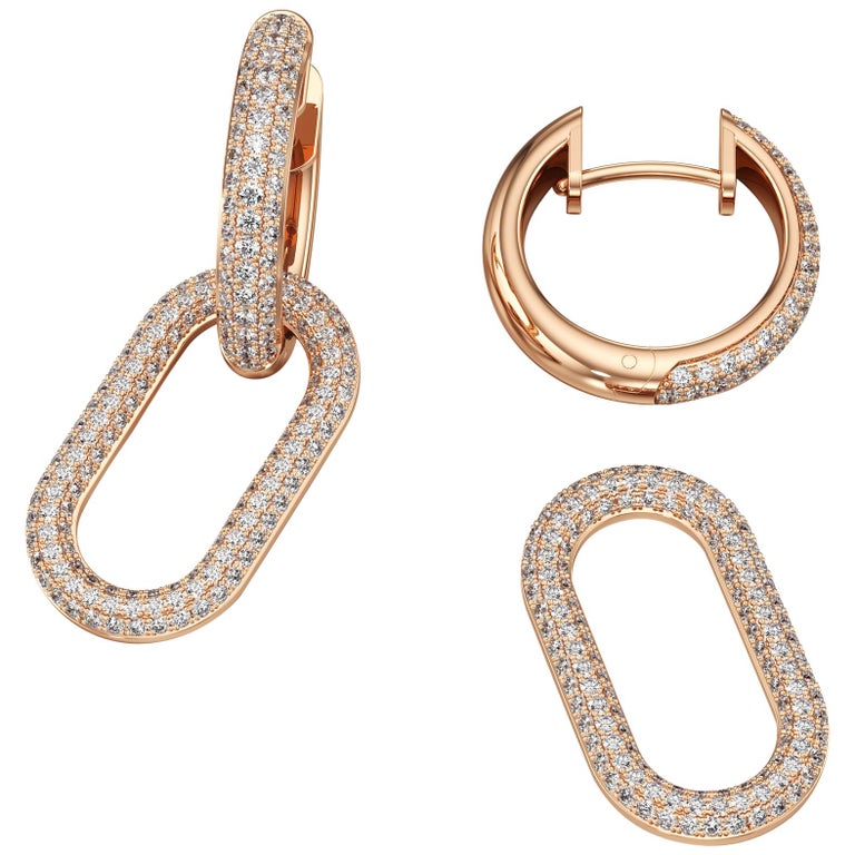 18kt Rose Gold and Diamond Chain Link Detachable Hoop Earring For Sale
