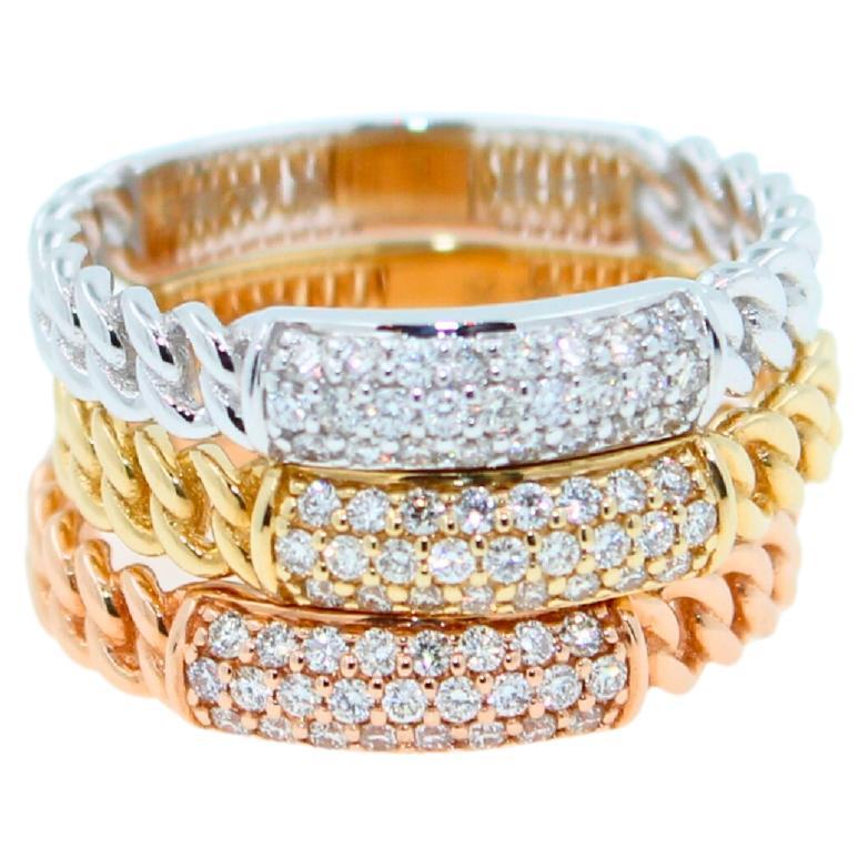 0.50 Carats of FG/VS Diamonds
Very Brilliant & Sparkly Diamonds
14K Rose, White & Yellow Gold
Three Separate Pave Curb Link Rings. Can be worn in different combinations, separately and together. (They are not attached)
Great Value
Size 6.5 -