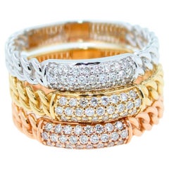 Diamond Pave Medium Stackable Curb Link Cocktail 14 Karat Three Tone Gold Ring