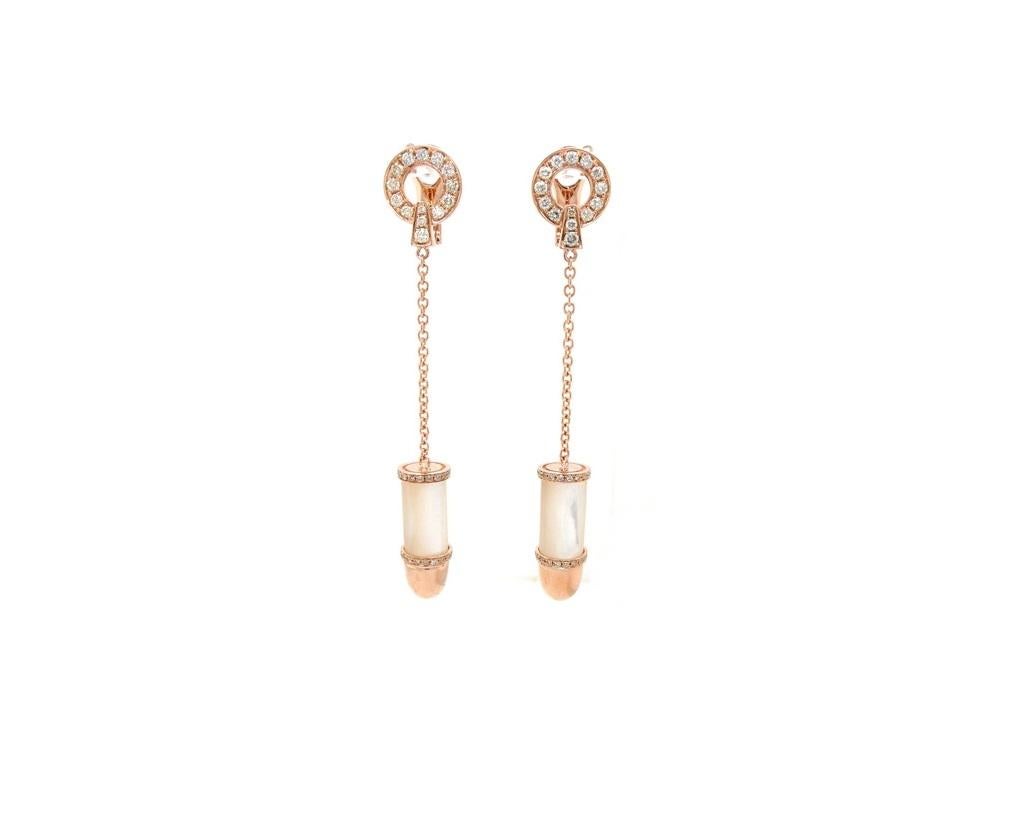 Round Cut Diamond Pave Mother of Pearl Bullet 18 Karat Solid Gold Drop Dangle Earrings For Sale