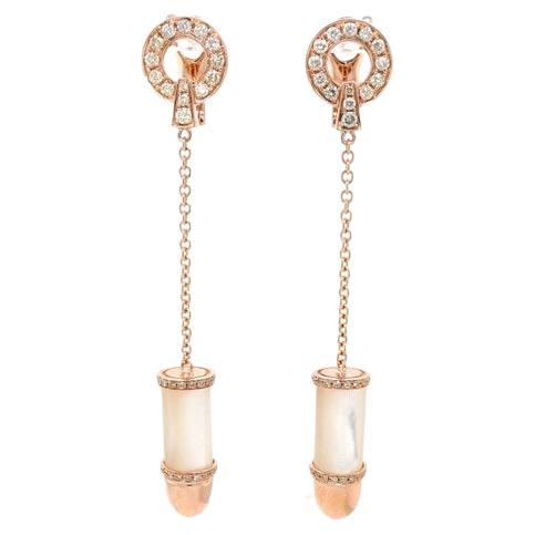Diamond Pave Mother of Pearl Bullet 18 Karat Solid Gold Drop Dangle Earrings