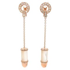 Diamond Pave Mother of Pearl Bullet 18 Karat Solid Gold Drop Dangle Earrings