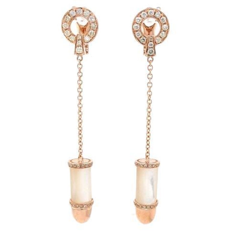 Diamond Pave Mother of Pearl Bullet 18 Karat Solid Gold Drop Dangle