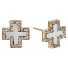 Diamond Pave Mother of Pearl Heirloom Studs 14k Yellow Gold